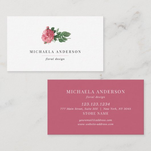 モダンヴィンテージシンプルフローラピンクローズビジネス 名刺 (正面/裏面)