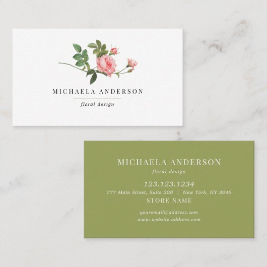 モダンヴィンテージシンプルフローラピンクローズ 名刺 (正面/裏面)