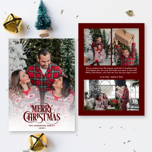 モダンヴィンテージスクリプト濃赤色4枚の写真クリスマス シーズンカード