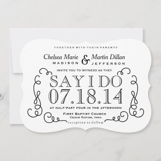 モダンヴィンテージスクロール結婚式招待状テンプレート 招待状 (正面)