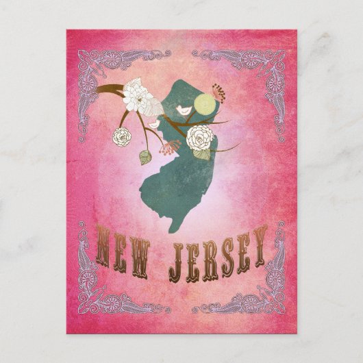 モダンヴィンテージニュージャージー州地図 – キャンディピンク ポストカード (正面)