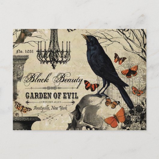 モダンヴィンテージハロウィンのカラスとスカル ポストカード (正面)