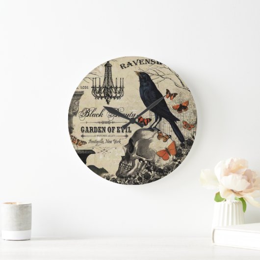 モダンヴィンテージハロウィンのカラスとスカル ラージ壁時計 (ホーム)