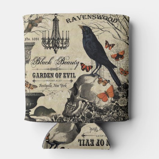 モダンヴィンテージハロウィンのカラスとスカル 缶クーラー (裏面)