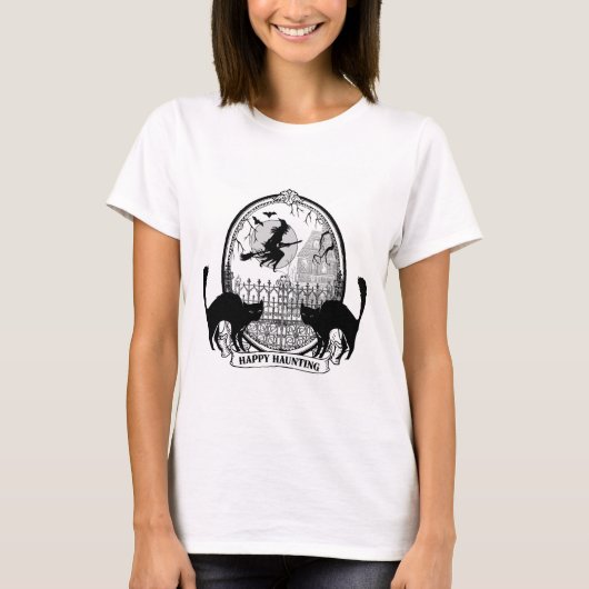 モダンヴィンテージハロウィンの魔女と猫 Tシャツ (正面)