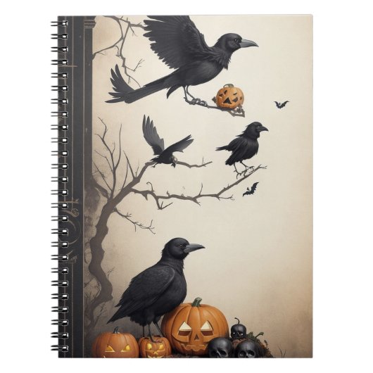 モダンヴィンテージハロウィンスカルとクロウ手帳 ノートブック (正面)