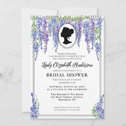 モダンヴィンテージパープルフローラリージェンシーブライダルシャワー 招待状 (正面)