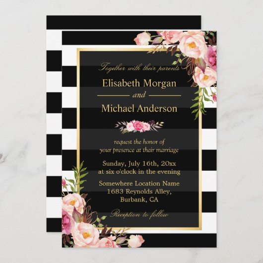 モダンヴィンテージピフォーマルンクストライプフローラ結婚ズ 招待状 (正面/裏面)