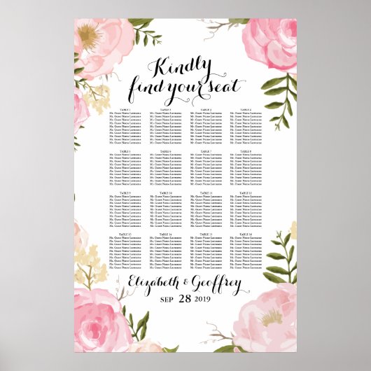 モダンヴィンテージピンクのフローラ結婚の座席表 ポスター (正面)