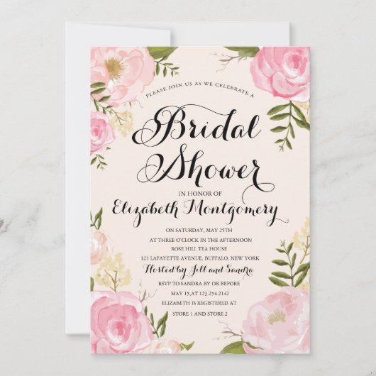 モダンヴィンテージピンクフローラブライダルシャワー 招待状 (正面)