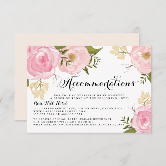 モダンヴィンテージピンクフローラ結婚ズアコモデーション エンクロージャーカード (正面/裏面)