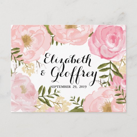 モダンヴィンテージピンクフローラ結婚式RSVPカード インビテーションポストカード (正面)