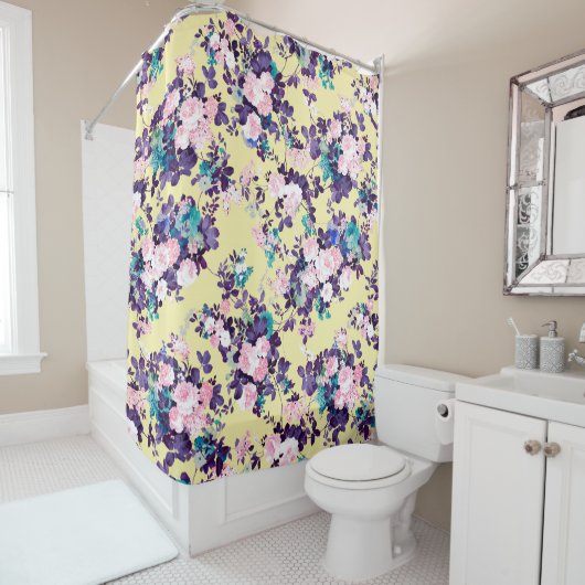 モダンヴィンテージピンク紫イエローフローラグリッター シャワーカーテン (インサイチュ)