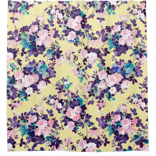 モダンヴィンテージピンク紫イエローフローラグリッター シャワーカーテン (正面)