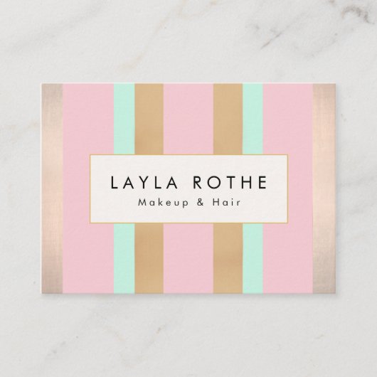 モダンヴィンテージピンク、バラ金ゴールドストライプサロン 名刺 (正面)