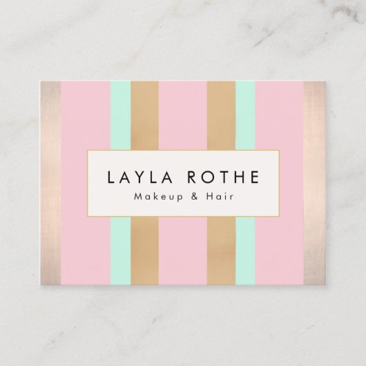 モダンヴィンテージピンク、バラ金ゴールドストライプサロン 名刺 (正面)