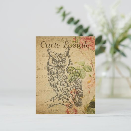 モダンヴィンテージフランスのフクロウ丁合はがき ポストカード (スタンド正面)