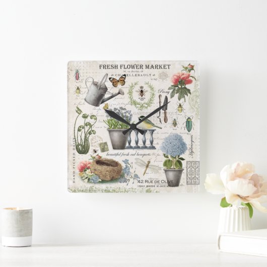 モダンヴィンテージフランスの農家花園 スクエア壁時計 (ホーム)