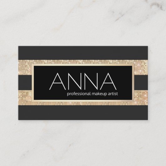 モダンヴィンテージブラックと金ゴールドのシークインストライプの 名刺 (正面)