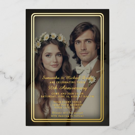 モダンヴィンテージブラックと金ゴールド50周年記念 箔招待状 (正面)
