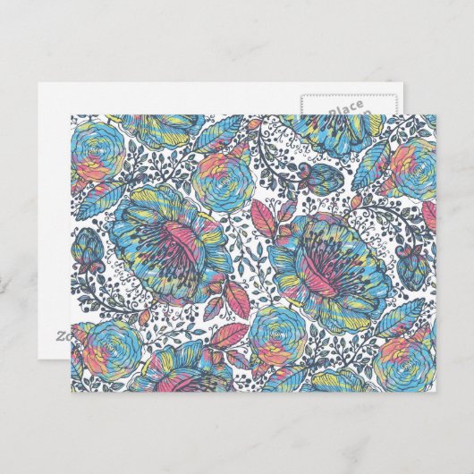 モダンヴィンテージブルーイエローウォーター色フローラ ポストカード (正面/裏面)