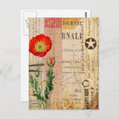 モダンヴィンテージポピー花コラージアートハガキ ポストカード (正面/裏面)