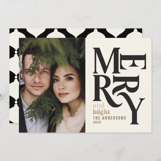 モダンヴィンテージレトロChritsmasブラック金ゴールド発表 案内状 (正面/裏面)