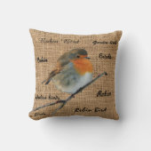モダンヴィンテージロビンBird burlapスクリプト クッション (正面)