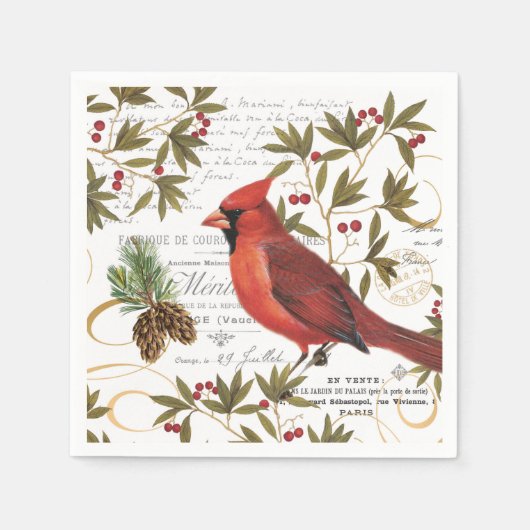 モダンヴィンテージ冬ウッドランド（鳥）ショウジョウコウカンチョウ スタンダードカクテルナプキン (正面)