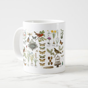 モダンヴィンテージ植物の鳥と花 ジャンボコーヒーマグカップ