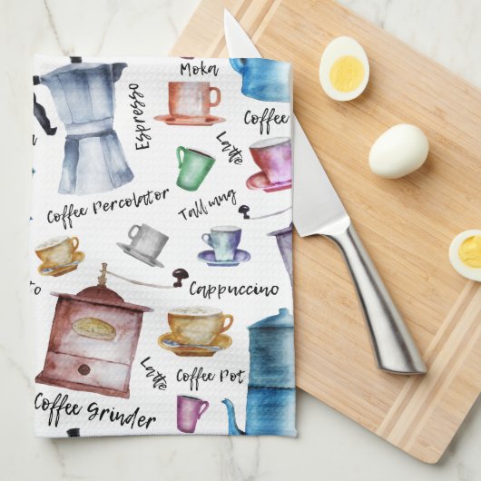 モダンヴィンテージ水色コーヒーエスプレッソポット キッチンタオル (四つ折り)