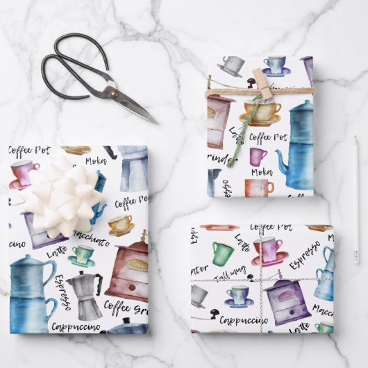 モダンヴィンテージ水色コーヒーエスプレッソポット ラッピングペーパーシート (正面)