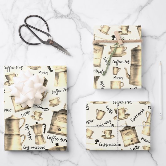 モダンヴィンテージ水色コーヒーエスプレッソポット ラッピングペーパーシート (正面)