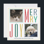 モダンヴィンテージ色シンプル数々のPhoto Collage シーズンカード<br><div class="desc">簡単のtouchとヴィンテージ色のデザインでモダン正方形の写真ホリデーカードをパーソナライズするシンプルタイポグラフィは、クリスマスの願いを送信する美しい方法である。薄い黄色の金ゴールドが縁どメインのデザインを囲み、写真を追加するための宇宙数々のを持つ。赤、ソフト金ゴールド、緑の2つの色合いと白い背景にソフトブルーのヴィンテージ色のパレット与えはポップ・アートの、JOYとJOYの文字でデザインテンプレートにレトロのヒントはっきりした。黄色と白の背景を示すために逆の色のスタイリッシュクリスマスカードの底にあなたの名前と年を青で追加しストライプて、斜めのパターン。</div>