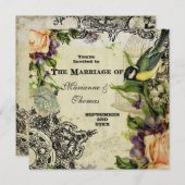 モダンヴィンテージ、イエローソングバードケージ旋回フローラ 招待状 (正面/裏面)