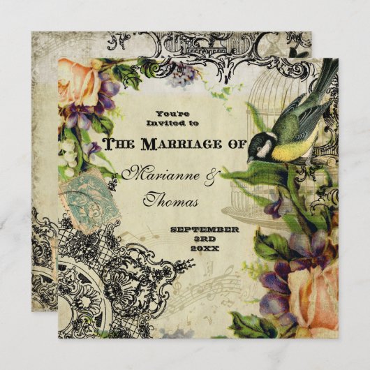 モダンヴィンテージ、イエローソングバードケージ旋回フローラ 招待状 (正面/裏面)