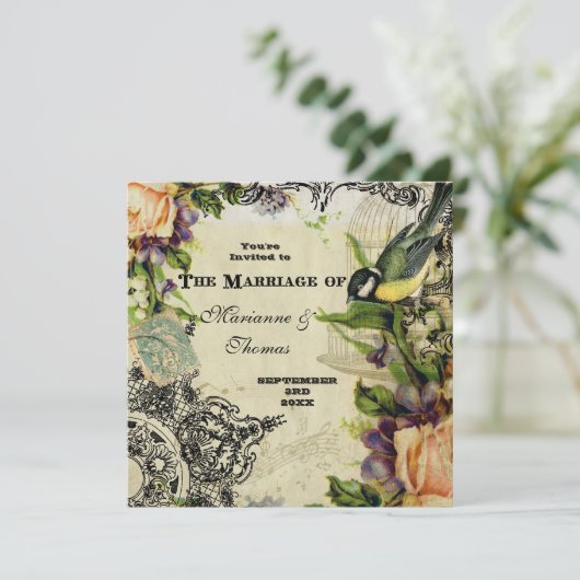 モダンヴィンテージ、イエローソングバードケージ旋回フローラ 招待状 (スタンド正面)