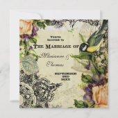 モダンヴィンテージ、イエローソングバードケージ旋回フローラ 招待状 (正面)