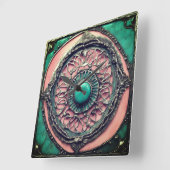 モダンヴェルディグリとピンクトルマリンのメタルアート スクエア壁時計 (傾斜)