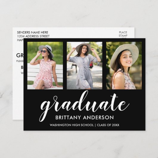 モダン三写真卒業パーティー招待状 インビテーションポストカード (正面/裏面)