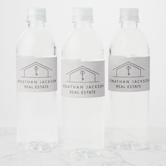 モダン不動産屋ホームロゴグレー faux リネン ペットボトルラベル (ボトル)