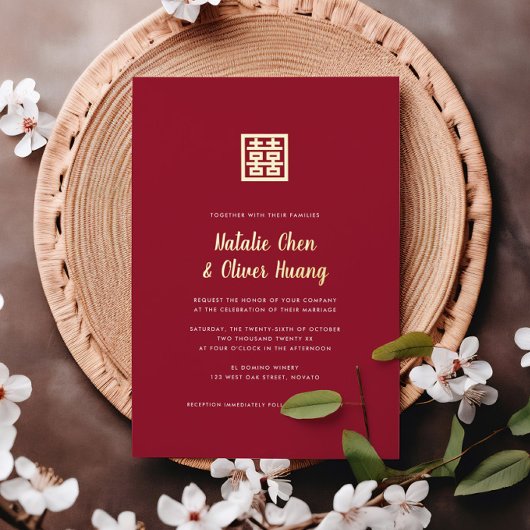 モダン中国式 結婚祝い 赤+金 箔招待状