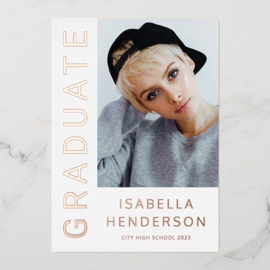 モダン二スタイリッシュ写真卒業バラ金ゴールド 箔招待状 (正面)