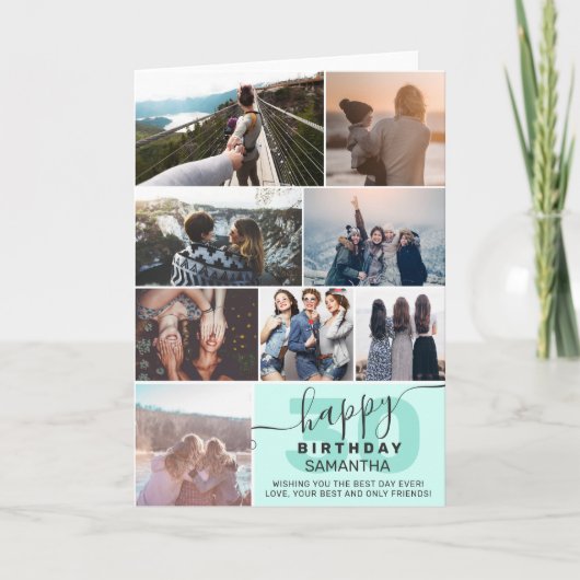 モダン任意の年齢の誕生日ミント8写真コラージュ カード (正面)