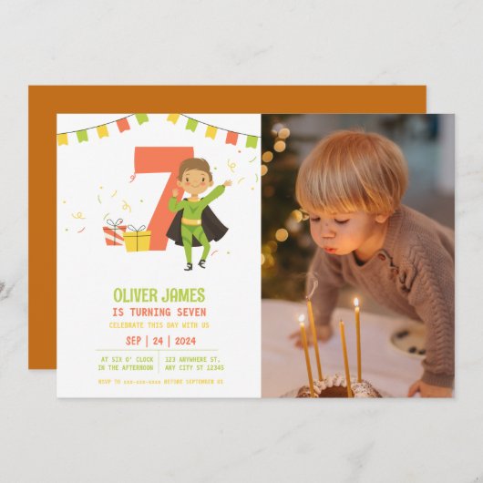 モダン任意の年齢スーパーヒーロー男の子の誕生日 招待状 (正面/裏面)