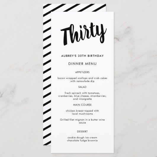 モダン任意の年30歳の誕生日パーティーメニューのスクリプト メニュー (正面/裏面)