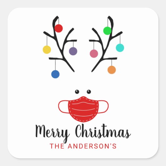 モダン休み仮面お洒落トナカイ スクエアシール (正面)