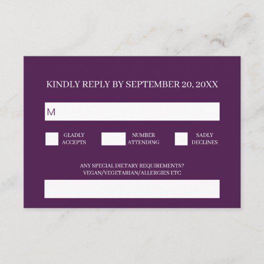 モダン伝統的シンプル紫ウエディングRSVP エンクロージャーカード (正面)