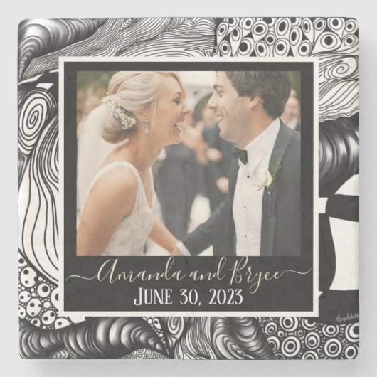 モダン写エレガント真と白のデザイン ストーンコースター (正面)