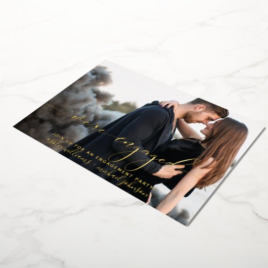 モダン写真の婚約した婚約パーティ 箔招待状 (回転した状態)